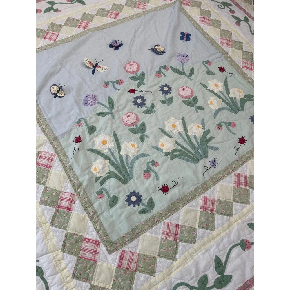 Vintage Handmade Quilt Cottagecore Floral Ladybug Butterfly Quilt 79x79